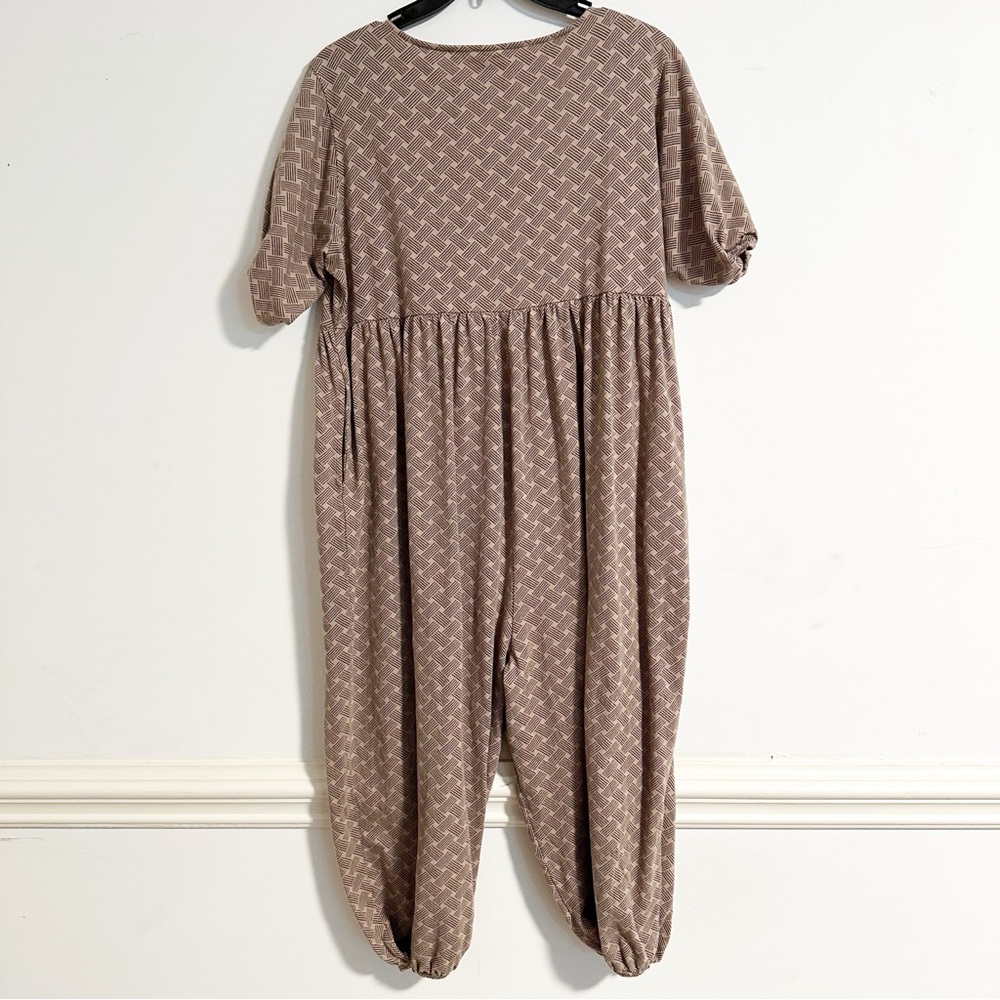 Kate Quinn Jumpsuit Button Front Brown Patterned Jogger Short Sleeve Cotton - Picture 5 of 5